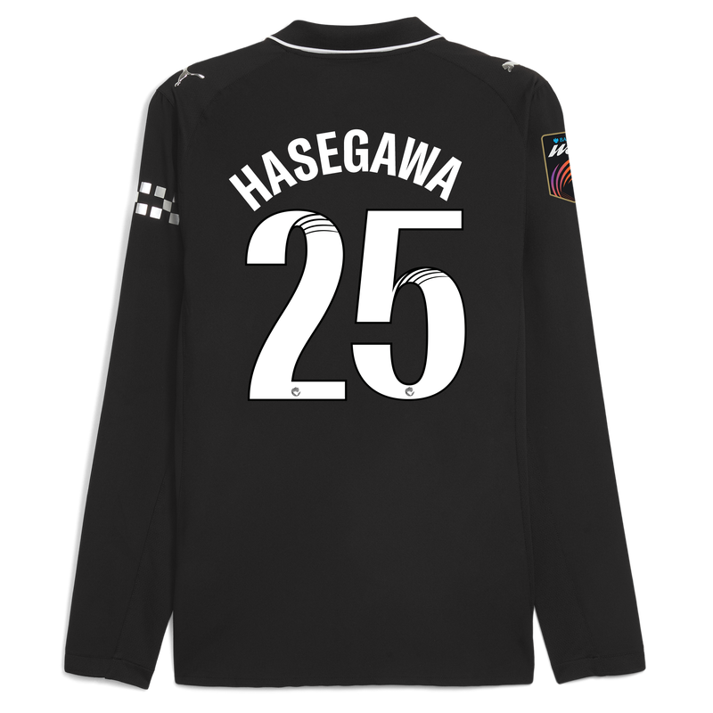 Man City Away Authentic Jersey 2025/26 Long Sleeve With HASEGAWA 25 Printing black - Check out all Manchester City t-shirts online